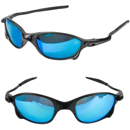Imagem de Oculos sol preto azul lupa proteção uv masculino + case qualidade premium lente azul espelhada
