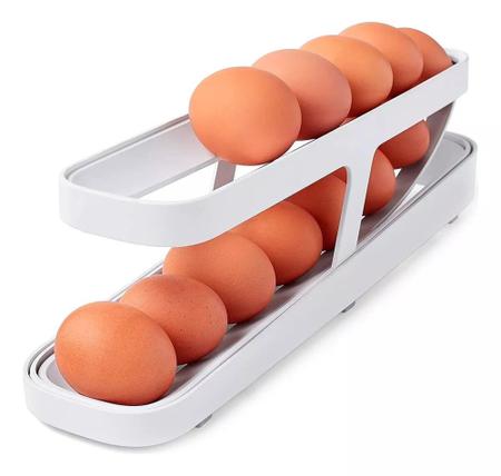 Imagem de Organizador de Ovos para Geladeira Rolagem Automática Egg Deslizador 2 Andares Bege Branco