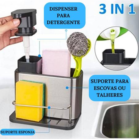 Imagem de Organizador De Pia Suporte Para Esponja Com Porta Detergente Dispenser Sabão Aço Inox Cozinha