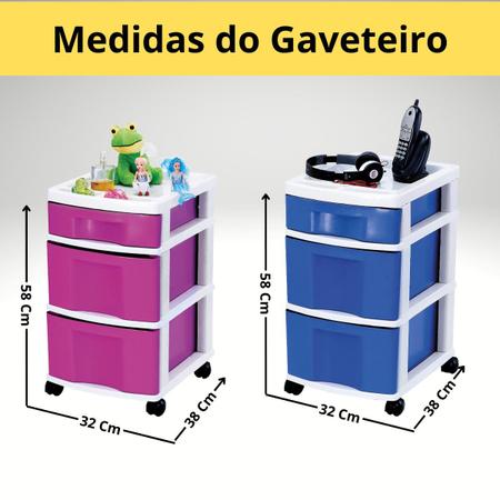 Imagem de Organizador Gaveteiro 3 Gavetas com Rodinhas Multiuso Organizador Brinquedos Lavanderia Banheiro Salão Clinica  Plástico MB