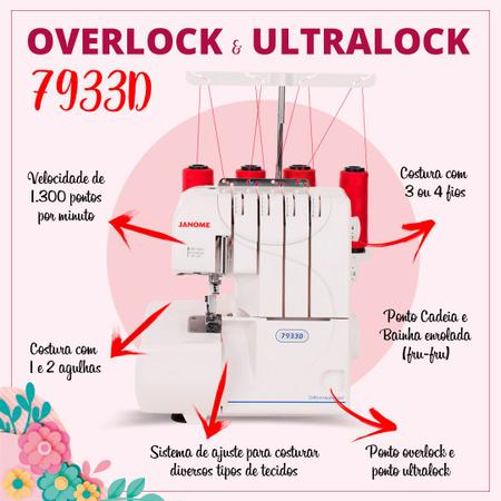 Imagem de Overlock e Ultralock Janome Modelo 7933D Costura Tecidos Finos Médios Grossos Malhas Ponto Indutrial