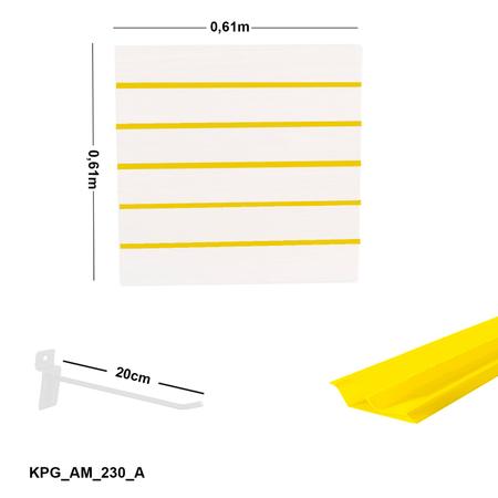Imagem de Painel Canaletado Branco em Mdf 0,61 x 0,61m com Perfil Pvc Amarelo e 20 Ganchos de 20cm Branco