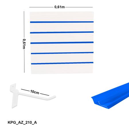 Imagem de Painel Canaletado Branco em Mdf 0,61 x 0,61m com Perfil Pvc Azul e 10 Ganchos de 10cm Branco