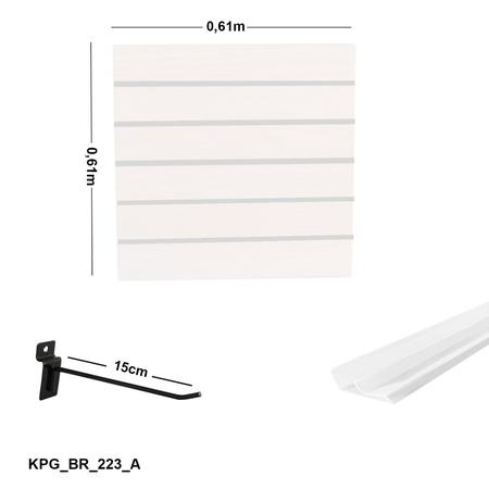 Imagem de Painel Canaletado Branco em Mdf 0,61 x 0,61m com Perfil Pvc Branco e 20 Ganchos de 15cm Preto