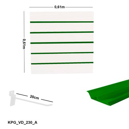 Imagem de Painel Canaletado Branco em Mdf 0,61 x 0,61m com Perfil Pvc Verde e 20 Ganchos de 20cm Branco