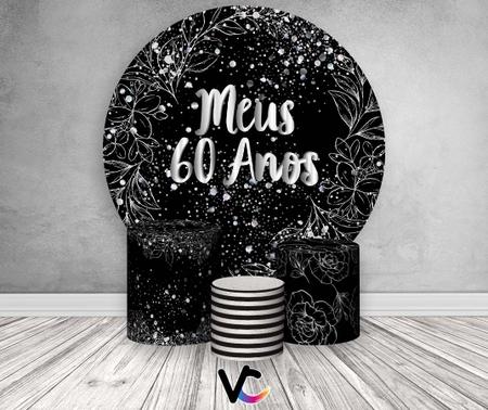 Imagem de Painel De Festa Redondo 1,50x1,50 + Trio De Capas Cilindro - Meus 60 Anos  Efeito Brilhos Prateado 100