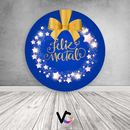 Imagem de Painel De Festa Redondo 1,5x1,5 - Feliz Natal Azul Efeito Glitter Dourado 038