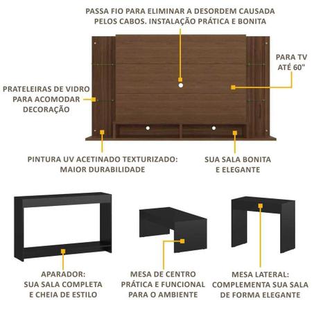 Imagem de Painel para TV 60" com aparador, mesa de centro e mesa lateral Nairóbi Multimóveis Duna/Preto