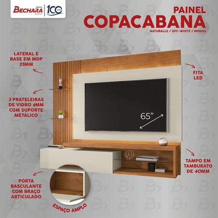 Imagem de Painel para TV Até 65 Polegadas Prateleiras de Vidro e Fita LED Copacabana Bechara Pintura Ripada 3D