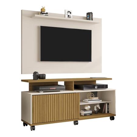 Imagem de painel rack de tv 50 polegadas 5 prateleiras 1 porta com rodas largura 136 cm cor marrom e off white