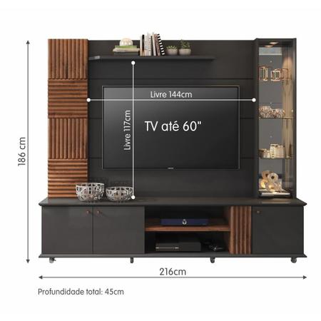 Imagem de Painel Rack Home Estante Para TV até 60 Polegadas Com Led 100% MDF Preto Chumbo Savana 216cm Moderno