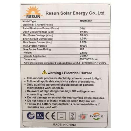 Imagem de Painel Solar Fotovoltaico Resun 30W