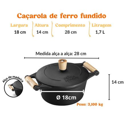 Imagem de Panela Caçarola de Ferro Fundido 18 cm 1,7L Alça de Madeira Com Tampa de Ferro