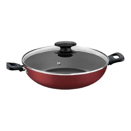 Imagem de Panela Frigideira funda Antiaderente Tramontina Alumínio Paella   Wok Loreto Com Tampa de Vidro  3,3Litros 28cm  Teflon Starflon Max Vermelha