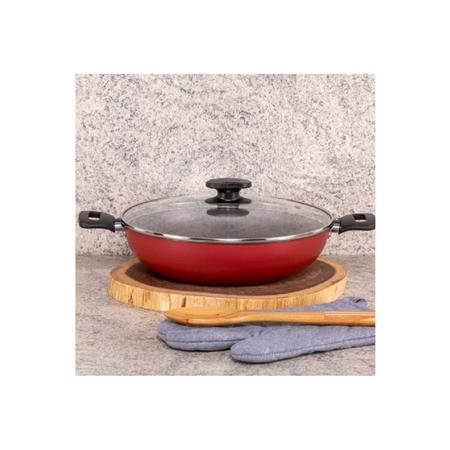 Imagem de Panela Frigideira funda Antiaderente Tramontina Alumínio Paella   Wok Loreto Com Tampa de Vidro  3,3Litros 28cm  Teflon Starflon Max Vermelha