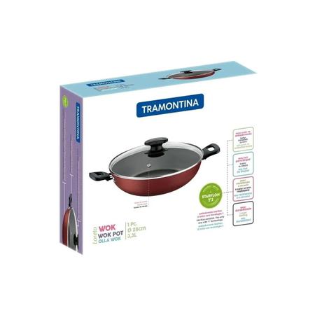 Imagem de Panela Frigideira funda Antiaderente Tramontina Alumínio Paella   Wok Loreto Com Tampa de Vidro  3,3Litros 28cm  Teflon Starflon Max Vermelha