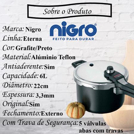 Panela de Pressão 4,5L - Alumínio Polido - Fechamento Externo - Espessura  3,3 mm - 6 Sistemas de Segurança - Linha Eterna - Nigro Lojão de Ofertas