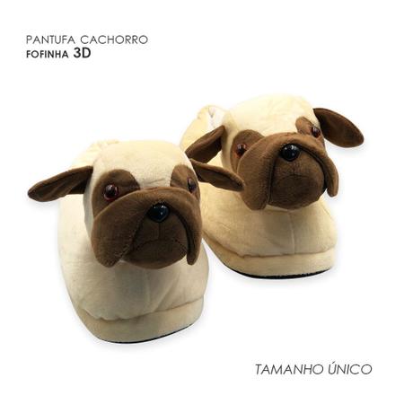 Imagem de Pantufa Infantil Adulto de Bichinho Cachorro Pug 3D Tamanho Único Unisex