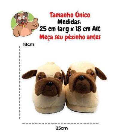 Imagem de Pantufa Infantil Adulto de Bichinho Cachorro Pug 3D Tamanho Único Unisex