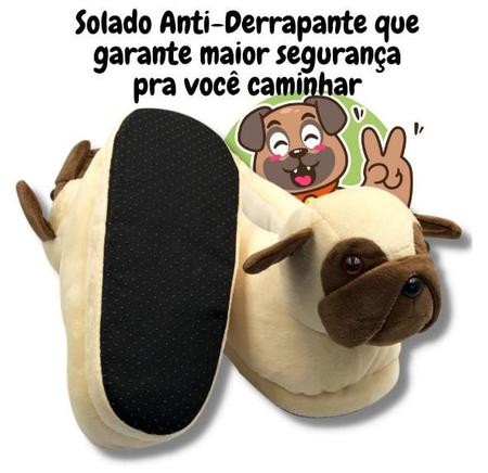 Imagem de Pantufa Infantil Adulto de Bichinho Cachorro Pug 3D Tamanho Único Unisex