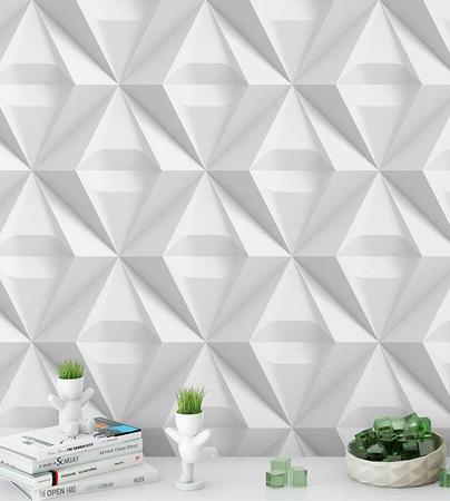 Imagem de Papel De Parede 3D Triangulos Para Quartos E Sala Em Tons De Branco E Cinza