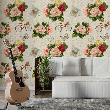 Imagem de Papel de Parede Adesivo Floral Rosas Bege Moderno Quarto Sala de Estar