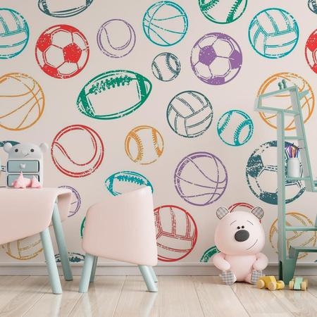 Papel De Parede Adesivo Infantil Bolas Esporte Colorido 2,80 - Plimshop Imagem de Papel De Parede Adesivo Infantil Bolas Esporte Colorido 2,80