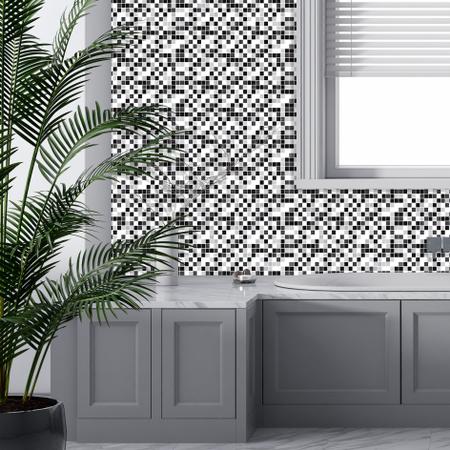 Imagem de Papel de Parede Adesivo Lavável Com Estampa De Pastilhas Azulejo Para Cozinha e Banheiro Preto Com Branco 3D - Pro Decor