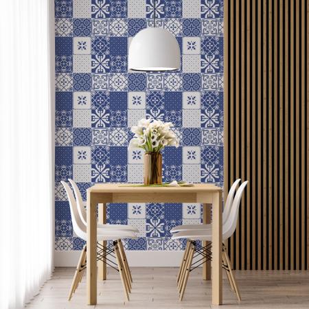 Imagem de Papel De Parede Adesivo Lavável Cozinha Azulejos Azuis Hidraulicos 10m