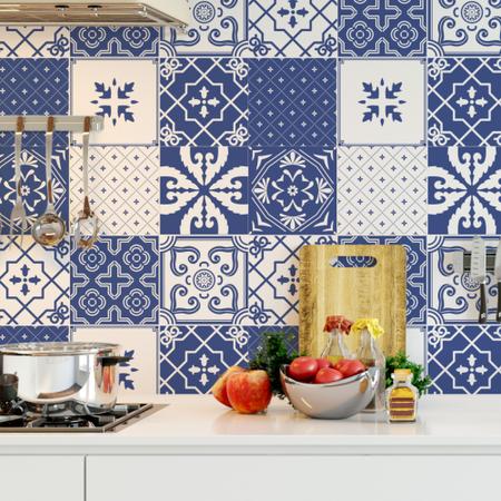 Imagem de Papel De Parede Adesivo Lavável Cozinha Azulejos Azuis Hidraulicos 10m
