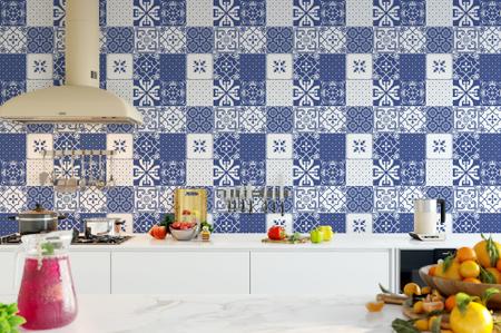 Imagem de Papel De Parede Adesivo Lavável Cozinha Azulejos Azuis Hidraulicos 10m