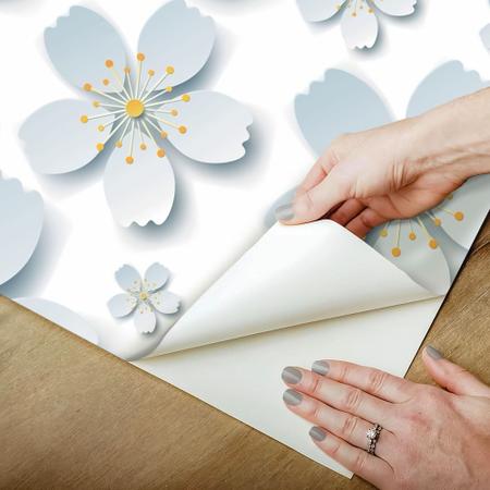 Imagem de Papel De Parede Adesivo Lavável Flor de Cerejeira Branco MargarIda Efeito 3D Quarto Sala de Estar