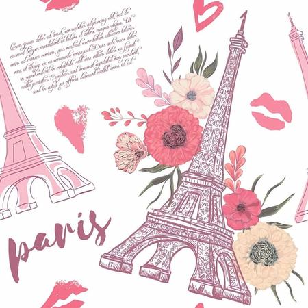 Imagem de Papel De Parede Adesivo Lavável sala Teen Paris Rosa Torre Eiffel Floral