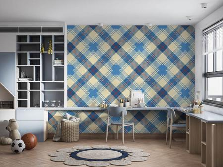 Papel de Parede Adesivo Vinil Xadrez Azul Bege Textura Losango Quarto Bebe  - Deliquadros