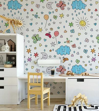Imagem de Papel De parede Com Desenho Infantil Céu Sol Estrelas E variados