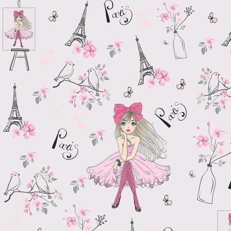 Imagem de Papel de Parede Infantil Paris Fundo Rosa claro Flores E torre Eiffel 1 Metro