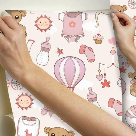 Imagem de Papel de Parede Vinílico Autoadesivo Lavável Ursinho Rosa Menina Infantil Bebê Maternidade Decoração Moderna Quarto