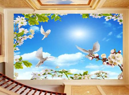 Papel De Teto Céu ul Nuvens Flores Pombas 3,5M Rof37 - Você Decora Imagem de Papel De Teto Céu ul Nuvens Flores Pombas 3,5M Rof37