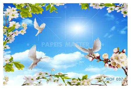 Papel De Teto Céu ul Nuvens Flores Pombas 3,5M Rof37 - Você Decora Imagem de Papel De Teto Céu ul Nuvens Flores Pombas 3,5M Rof37