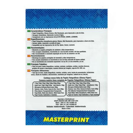 Imagem de Papel Fotográfico 230g Foto A4 Glossy Brilho Brilhante À Prova D'água 50 folhas Premium Masterprint