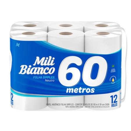 Imagem de Papel Higienico Mili Bianco Folhas Simples Neutro 60 Metros com 12 Unidades