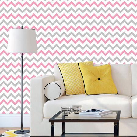 Imagem de Papel Parede Chevron Rosa Branco E Cinza Adesivo Decorativo