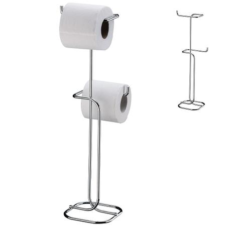 Imagem de Papeleira porta papel higiênico de chão duplo suporte 2 rolos para banheiro lavabo aramado cromado