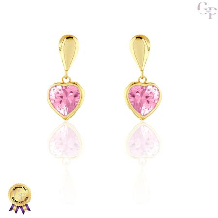 Imagem de Par De Brincos De Coração Pedra 6mm Ouro 18k 750 Pingente Rosa