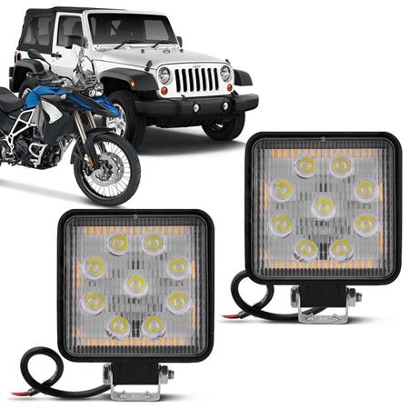 Imagem de Par Farol Milha Quadrado Universal 9 Leds 27W 12V Carro Moto Jeep Off-Road Auxiliar Neblina