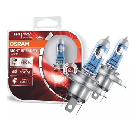 Par Lampada Farol H4 Osram Night Breaker Laser 60/55W 12V P43t Halogena 2 Unidades Mais Distancia Brilho Luz Imagem de Par Lampada Farol H4 Osram Night Breaker Laser 60/55W 12V P43t Halogena 2 Unidades Mais Distancia Brilho Luz