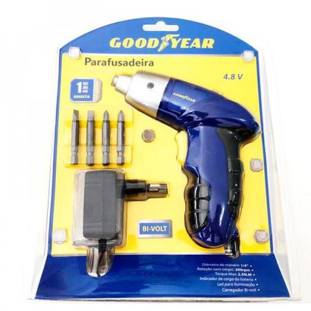 Parafusadeira a bateria 4,8 volts com 4 bits - GYDC1600023 - Goodyear Imagem de Parafusadeira a bateria 4,8 volts com 4 bits - GYDC1600023 - Goodyear