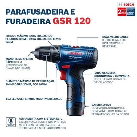 Imagem de Parafusadeira Furadeira Bateria 12V GSR 120-LI 2 Baterias, Maleta e Kit 21 Acessórios BOSCH