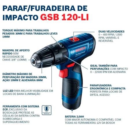 Imagem de Parafusadeira Furadeira Bosch  Gsb 120-Li 12V Com 2 Baterias 1 Carregador E Maleta