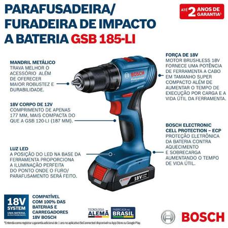 Imagem de Parafusadeira Furadeira Impacto 18V 2 Baterias GSB185-LI BOSCH + 30 Peças X-Line